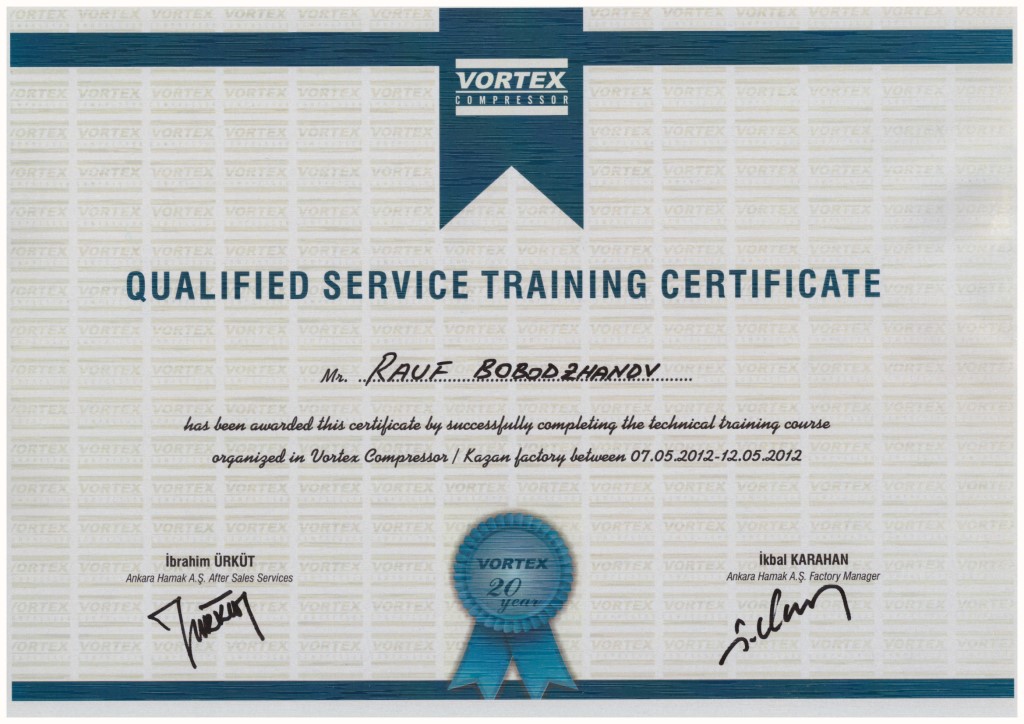 Сертификат обучения VORTEX Compressors на Бободжанова Р.А.